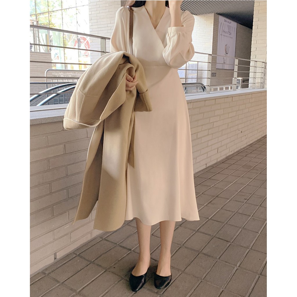 Đầm tay dài cổ chữ V xinh xắn cho nữ 39078