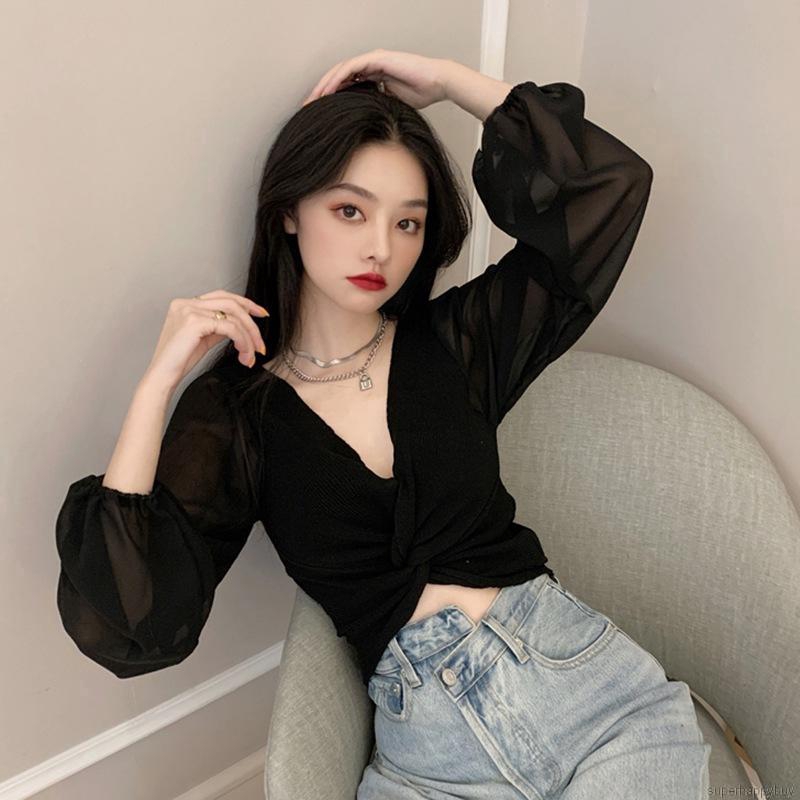 Áo Croptop Dệt Kim Thiết Kế Cổ Chữ V Quyến Rũ