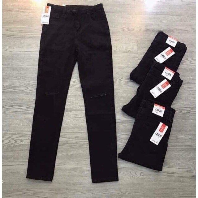 Quần jeans đen cạp cao rách 2 gối (Giá tốt)