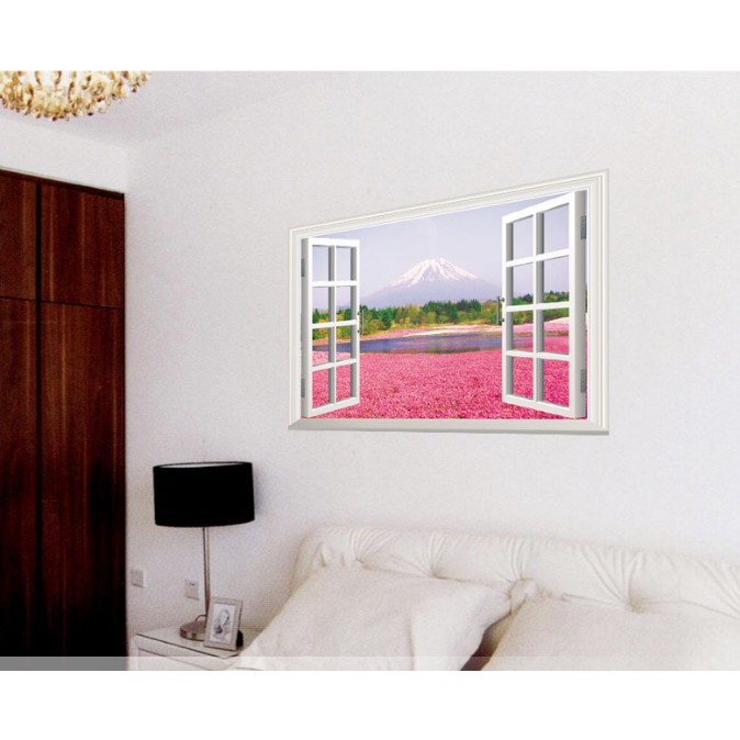 Decal trang trí khung cửa sổ Núi lớn và Cánh đồng hoa hồng