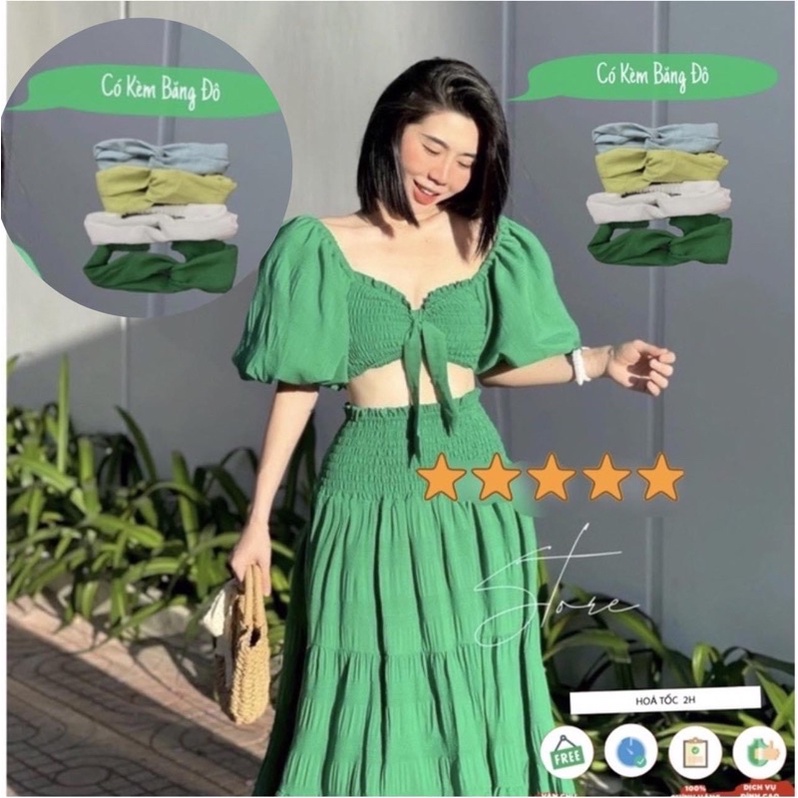Đầm váy maxi đi biển đũi áo nhún xoè set áo croptop tay bồng chân váy dài đi chơi đi biển