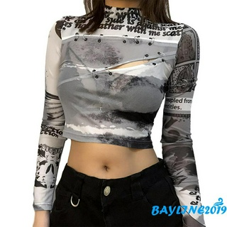 Bay-áo Crop Top dài tay thường ngày dành cho nữ in hình thời trang nửa cổ cao rỗng lộ rốn Slim Fit Top