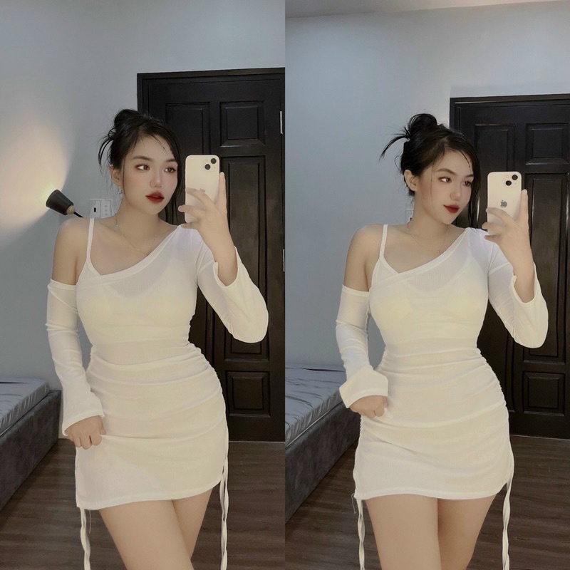 Set đầm trễ vai tay loa dây rút sườn - bra có mút