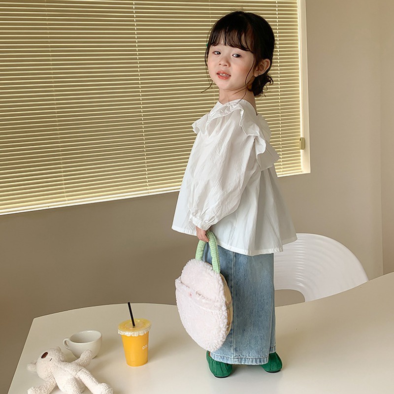 Áo Sơ Mi Trắng Tay Dài Phồng Phối Ren Chất Liệu Cotton Thời Trang Cho Bé Gái