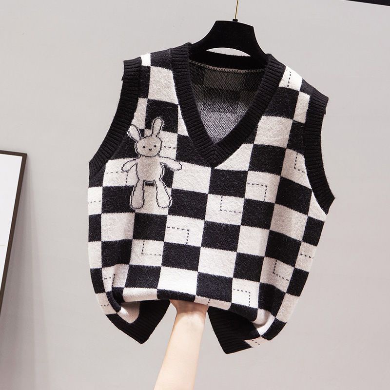 Áo Len Không Tay Cổ Chữ v Họa Tiết Thỏ Hoạt Hình Phong Cách Hàn Quốc