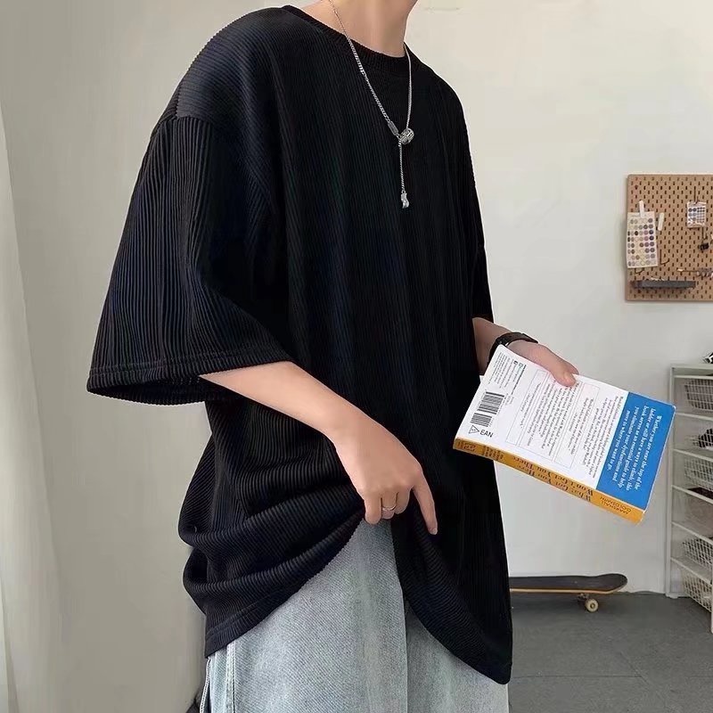 Áo Thun Tay Ngắn Dáng Rộng Màu Trơn Kẻ Sọc Thời Trang Hàn Quốc Cho Namáo simple unisex thun cổ tròn