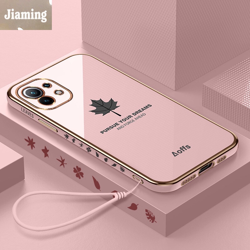 Ốp Điện Thoại Mạ Điện Họa Tiết Lá Phong Sang Trọng Kèm Dây Đeo Cho Xiaomi 11 Lite 11 Pro 11 Ultra