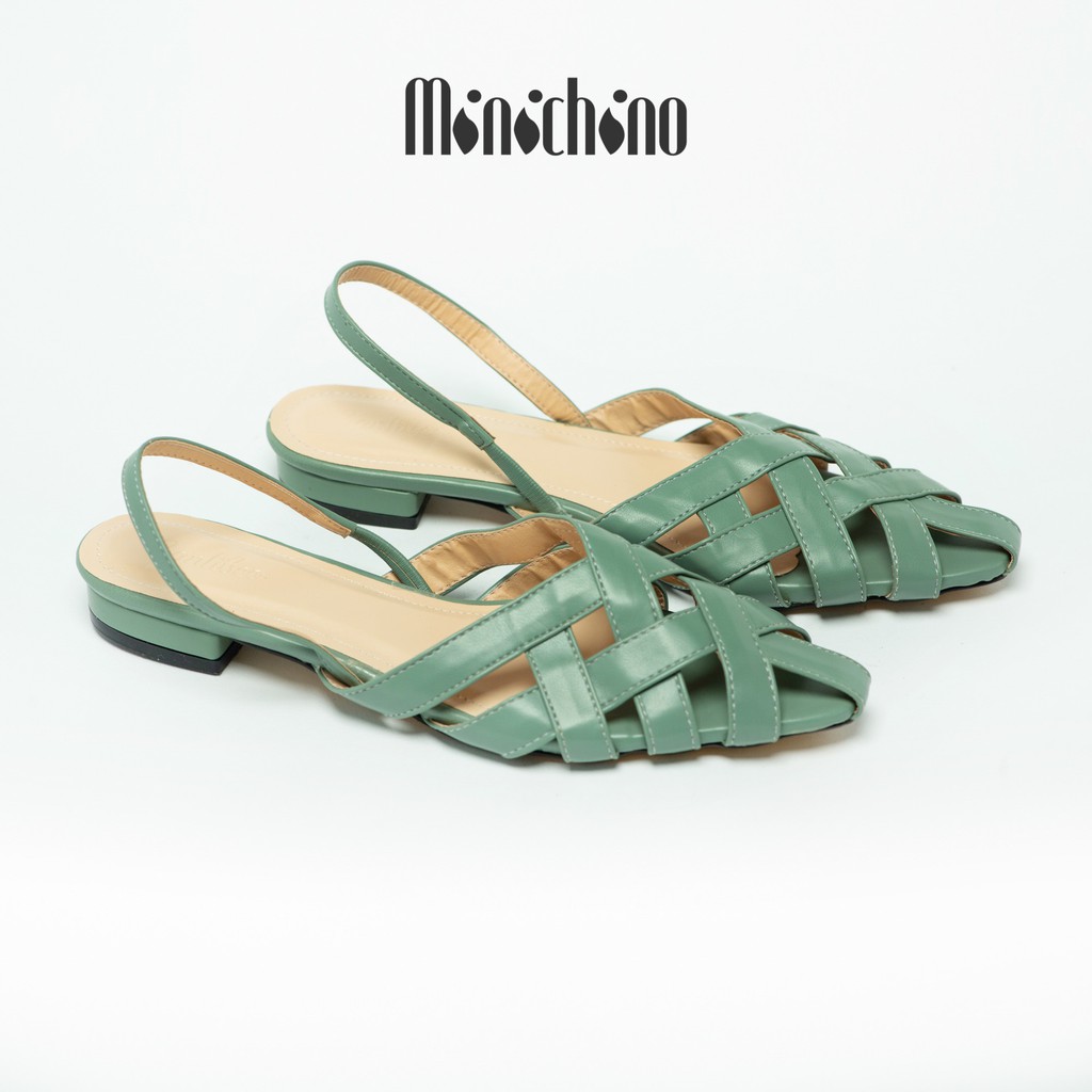 Giày sandal nữ gót cao 1,5cm MINICHINO giày búp bê nữ dáng slingback da mờ mũi nhọn hở gót phối dây màu trắng TC039