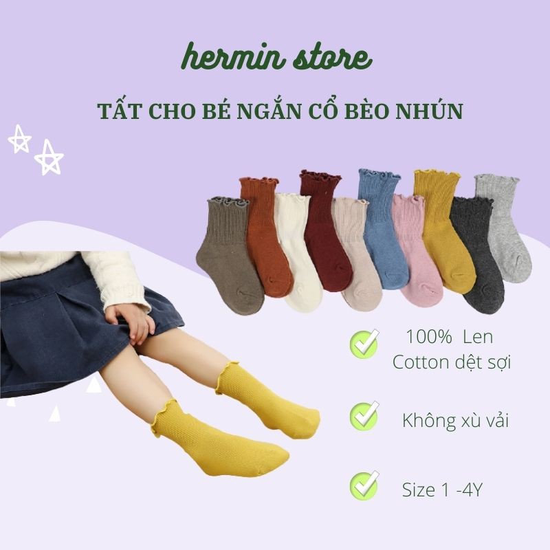 Tất bé gái ngắn cổ bèo nhún nhiều màu - vớ cho bé gái vintage 100% len cotton siêu mịn