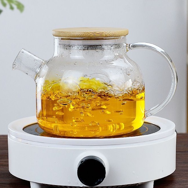 Bình, Ấm Trà Thủy Tinh Đun Nước Detox Lọc Trà Chịu Nhiệt Nắp Gỗ 1L
