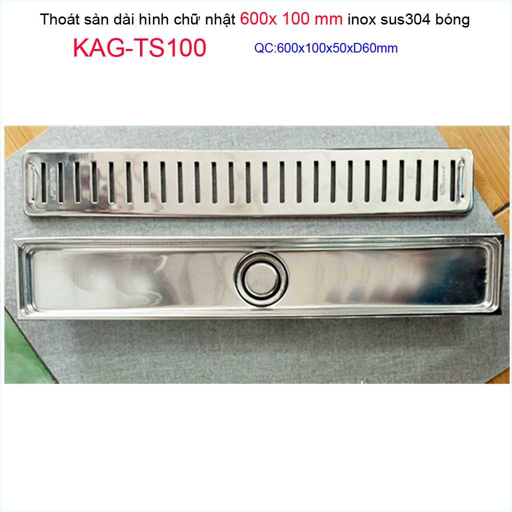 Phễu thoát sàn 10x60cm KAG-TS100, thoát sàn nhà tắm hình chữ nhật Inox SUS304 bóng cao cấp