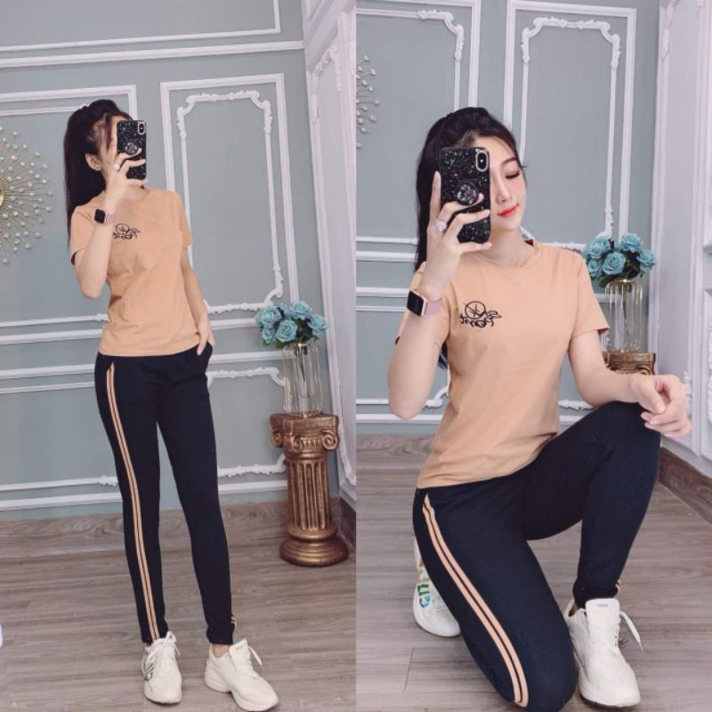 ĐỒ BỘ NỮ THÊU CHỮ PHỒI SỌC TRẺ TRUNG ĐỒ MẶC NHÀ THỂ THAO DẠO PHỐ