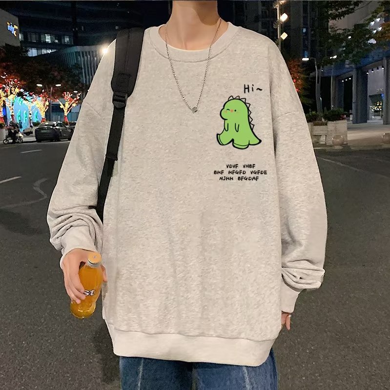 Áo Nỉ Dài Tay Cổ Tròn Form Rộng In Họa Tiết Khủng Long Hoạt Hình Size M-3XL Cho Nam