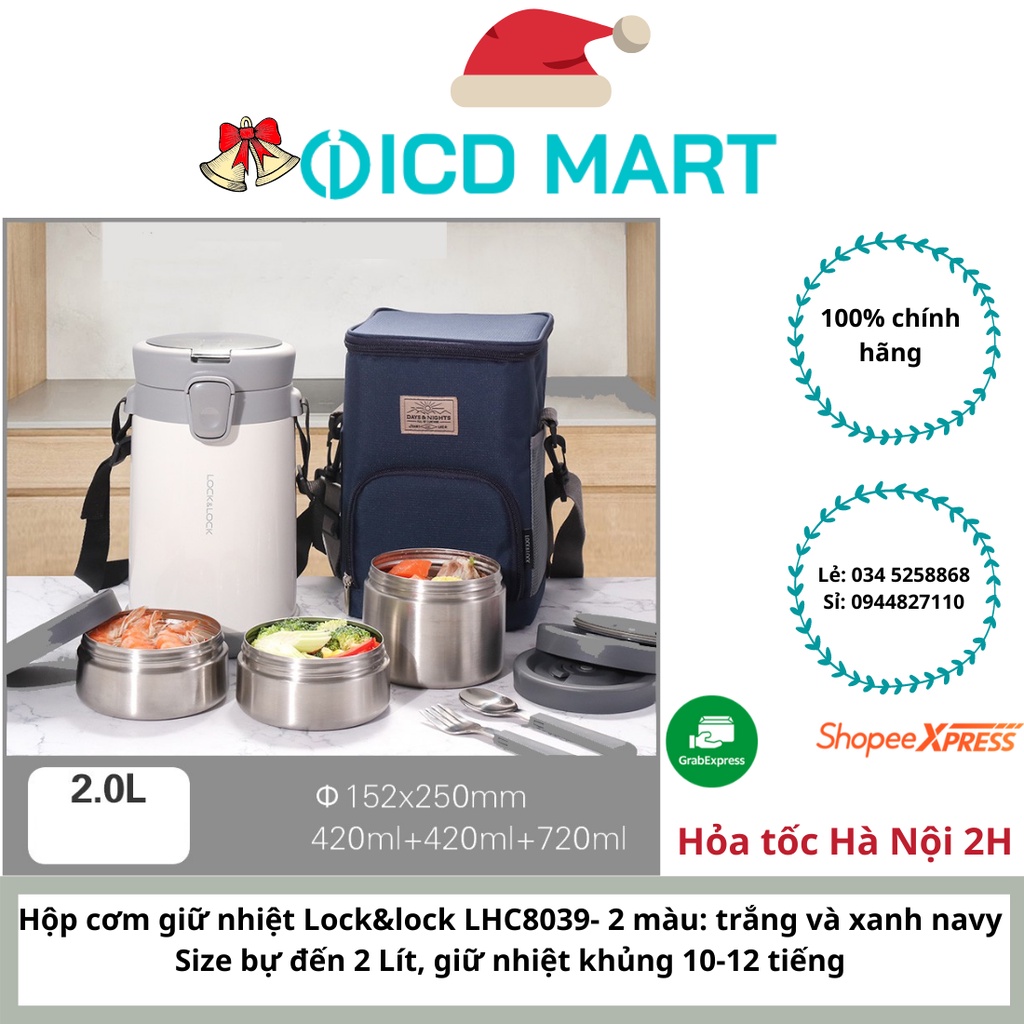 Bộ Hộp Cơm Giữ Nhiệt Lock&Lock Easy Carry 2L LHC8039 Có Túi (1 Hộp 720ml, 2 Hộp 420ml Kèm 1 Bộ Muỗng Và Nĩa)