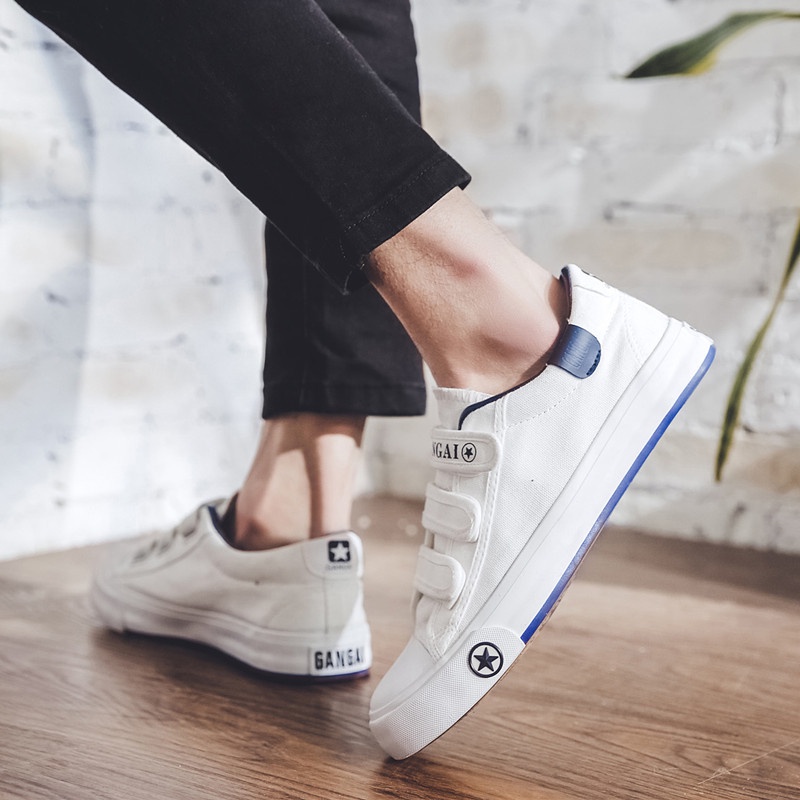 Giày Thể Thao Canvas Trắng Khóa Dán Phong Cách Mới Cho Nam Sinh