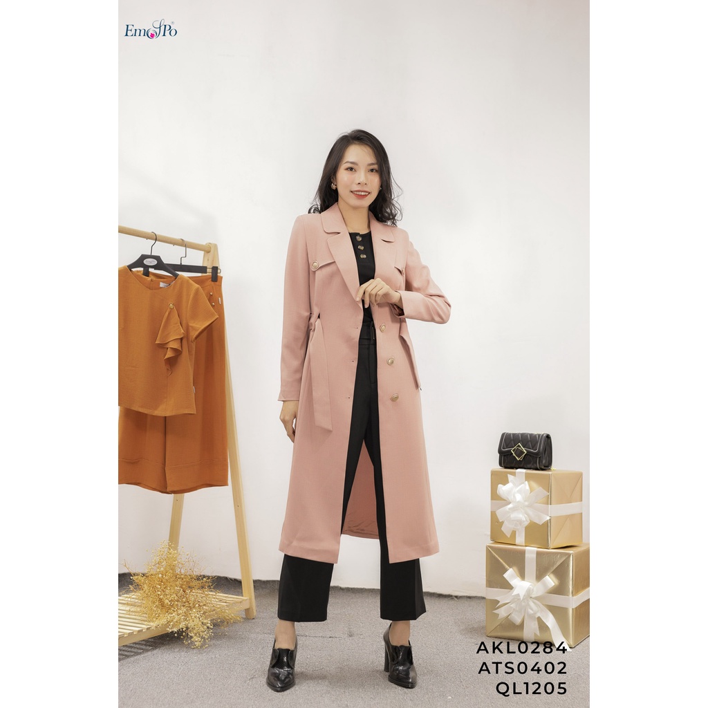 Áo khoác dáng dài cổ bẻ ve, tà bong, đai eo rời AKL0284