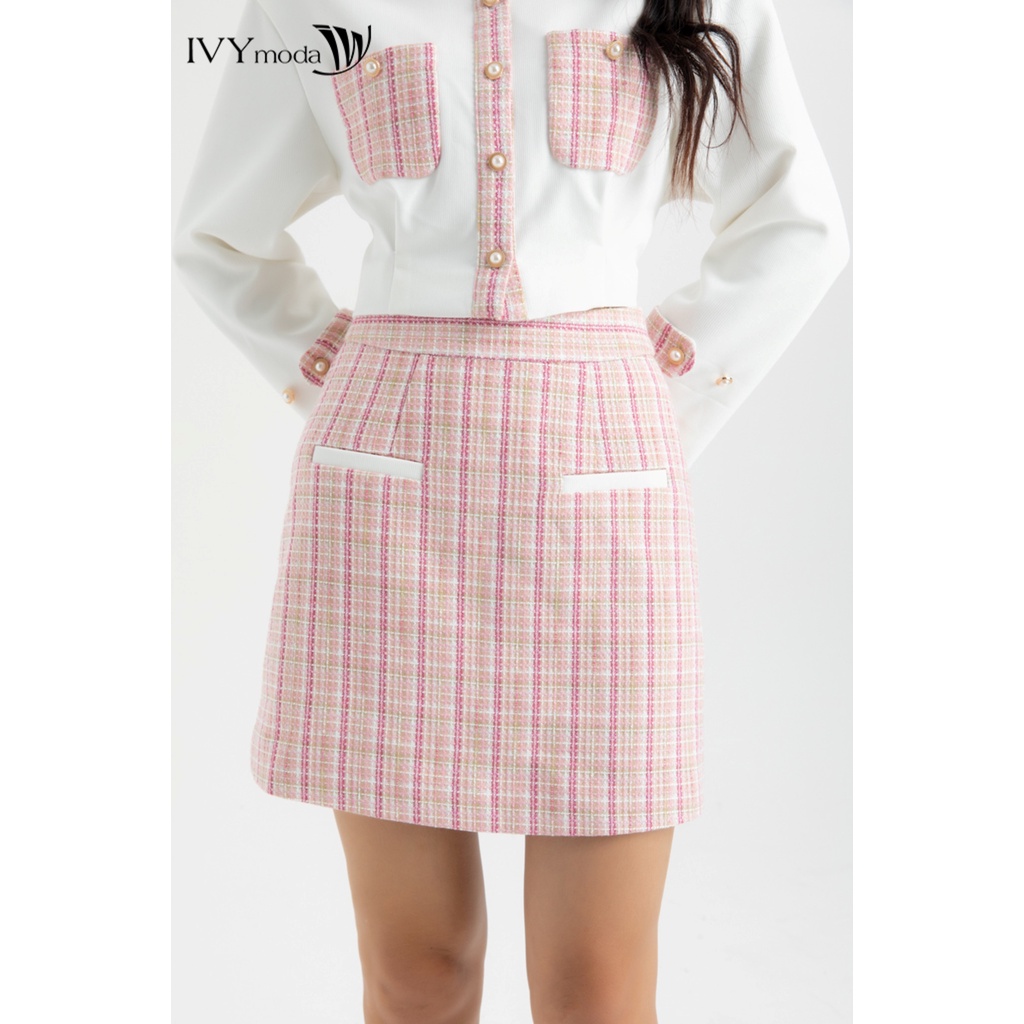Áo khoác nữ phối kẻ hồng IVY moda MS 70B8212