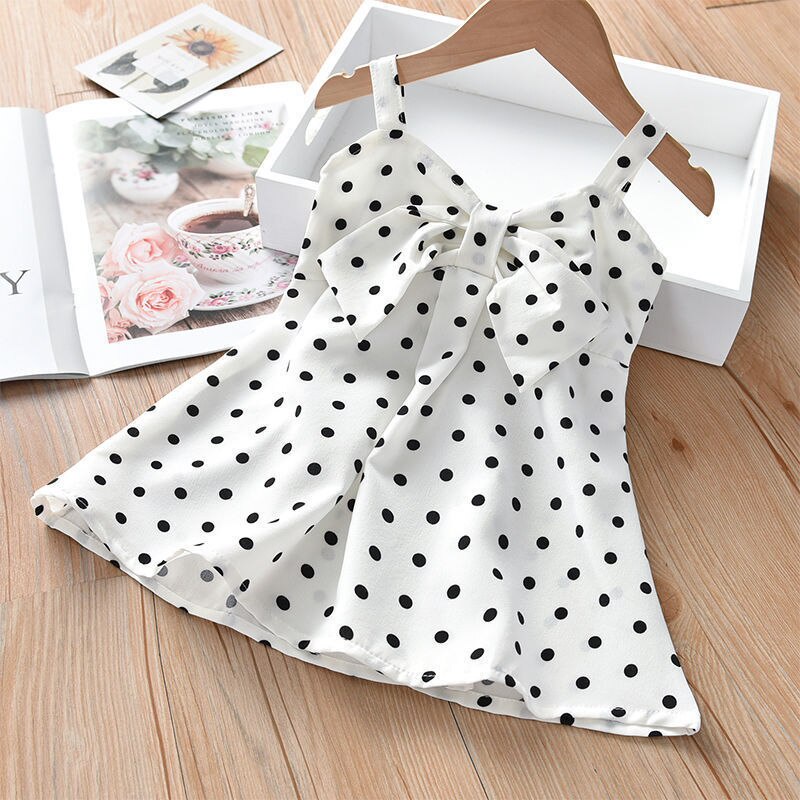 Đầm Mini Không Tay Cổ Chữ V Họa Tiết Chấm Bi Đính Nơ Thời Trang Mùa Hè Cho Bé Gái 2-7 Tuổi