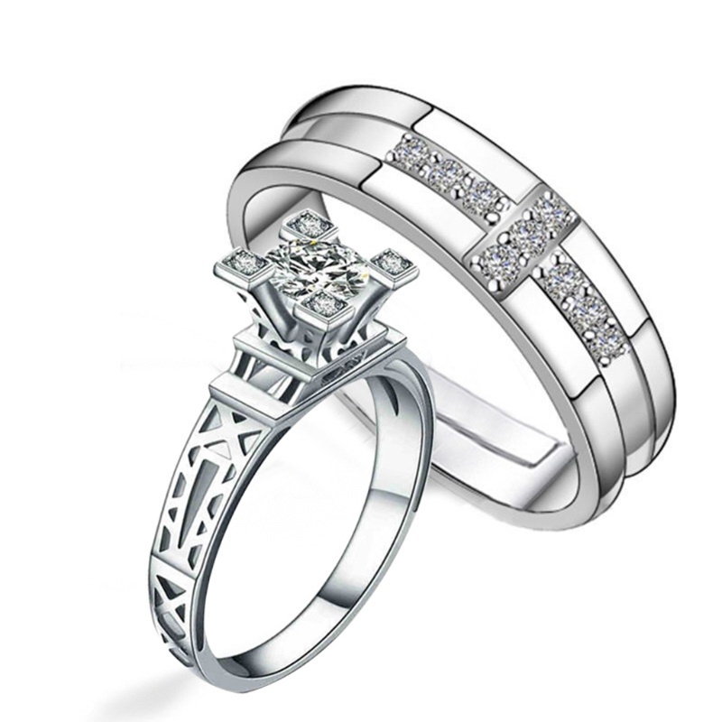 Bộ 2 nhẫn cưới / đính hôn màu bạc độc đáo dành cho cặp đôi 17mm