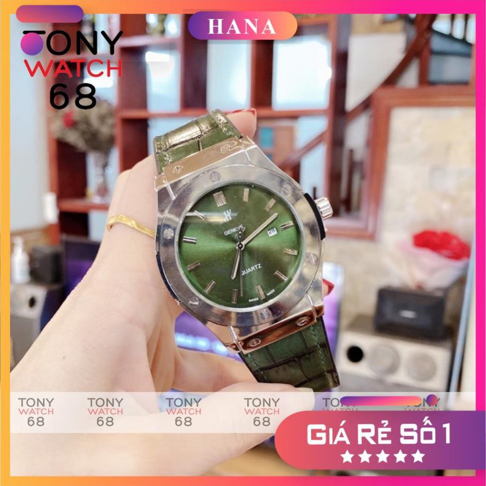 Đồng hồ nam Geneve viền bạc trơn xanh ngọc lục bảo độc đáo dây da chống nước chính hãng Tony Watch 68