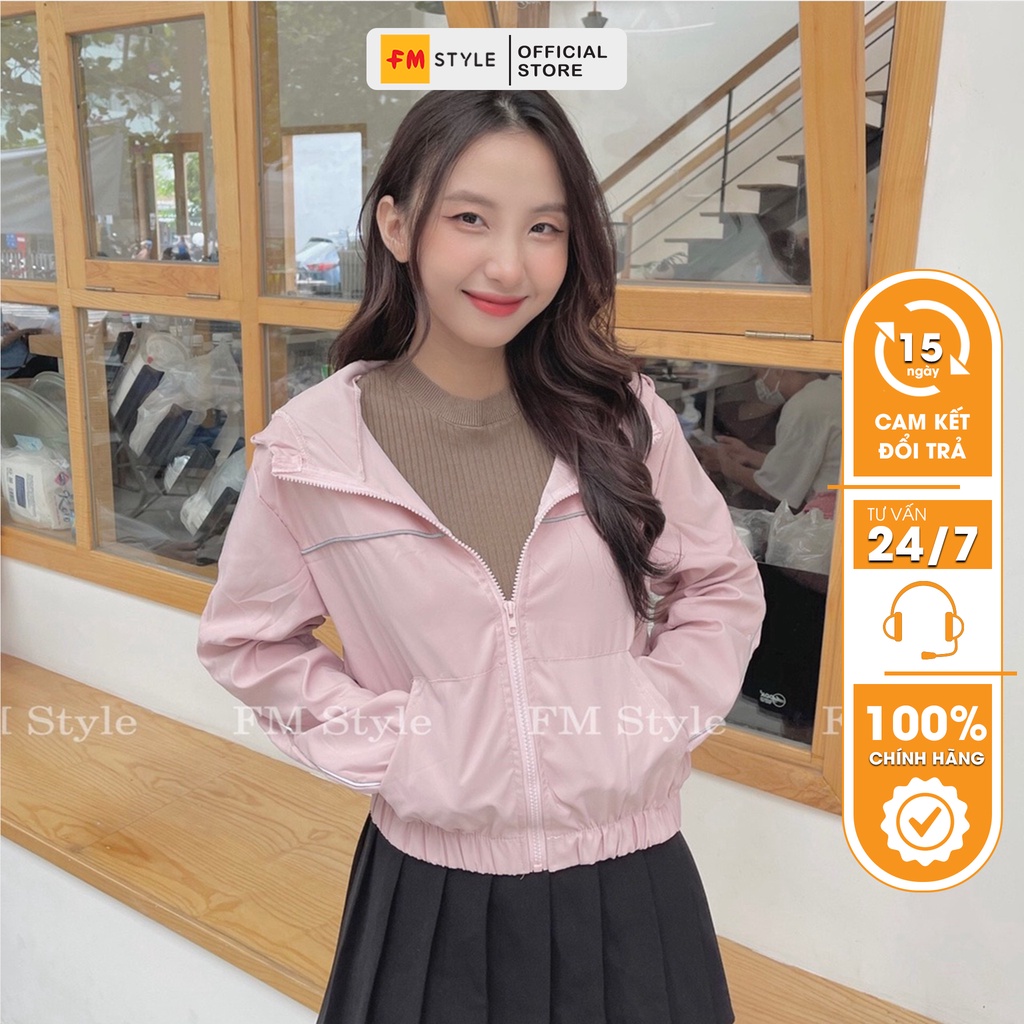 Áo khoác dù nữ FM Style chống nắng dáng lửng 1 lớp siêu nhẹ thiết kế sọc ngang họa tiết trơn phối mũ năng động 210701109