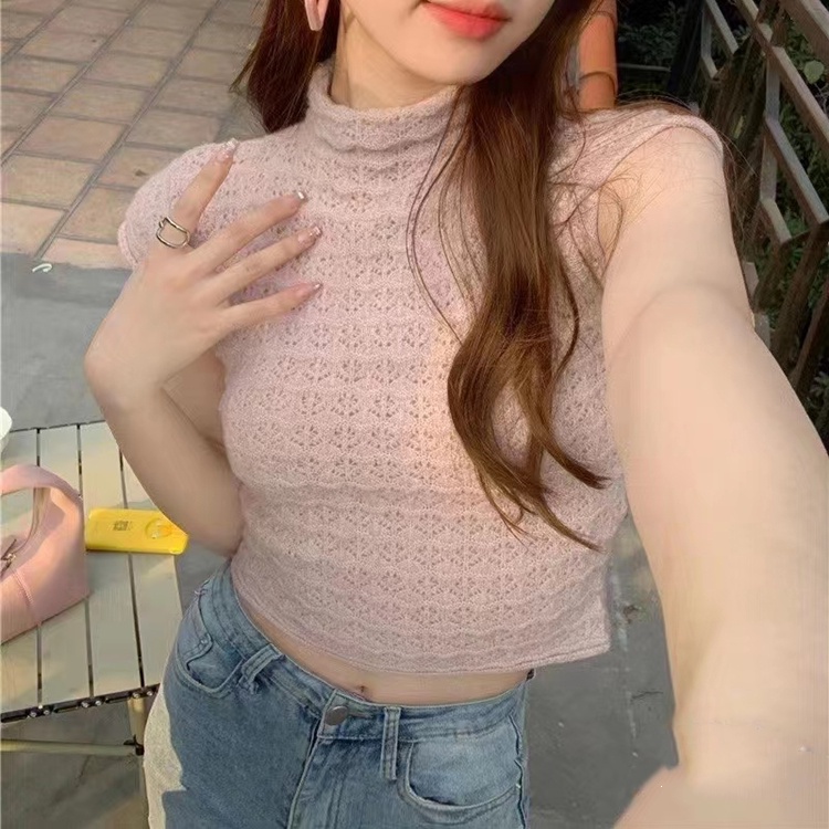 SUXI Áo Croptop Dệt Kim Cổ Lọ Màu Sắc Đơn Giản Phong Cách Hàn Quốc Thời Trang Mùa Hè Cho Nữ