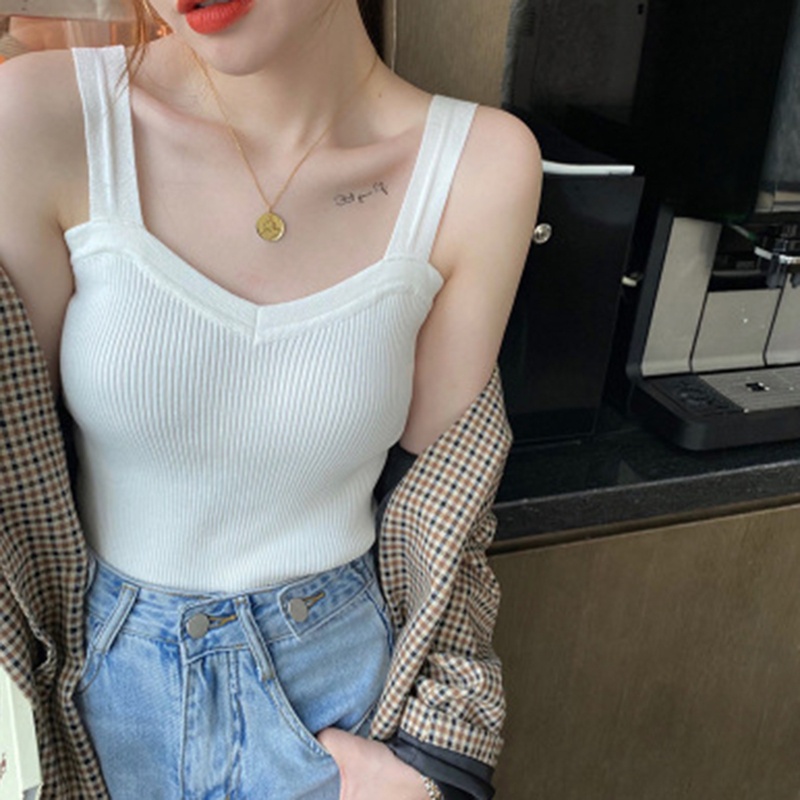 Áo Dệt Kim Sát Nách Cổ Chữ V Màu Trơn Phong Cách Hàn Quốc Thời Trang Mùa Hè Cho Nữ