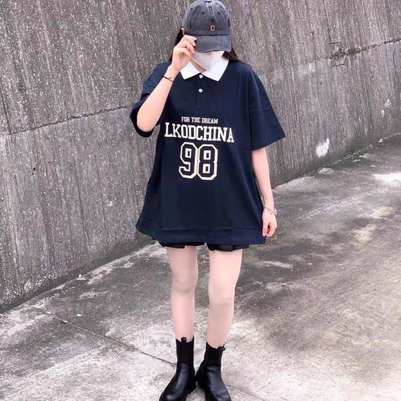 Áo polo cổ bẻ LKOD 98 màu xanh than form thụng tay lỡ unisex mùa hè mềm mịn Nhungkudostore
