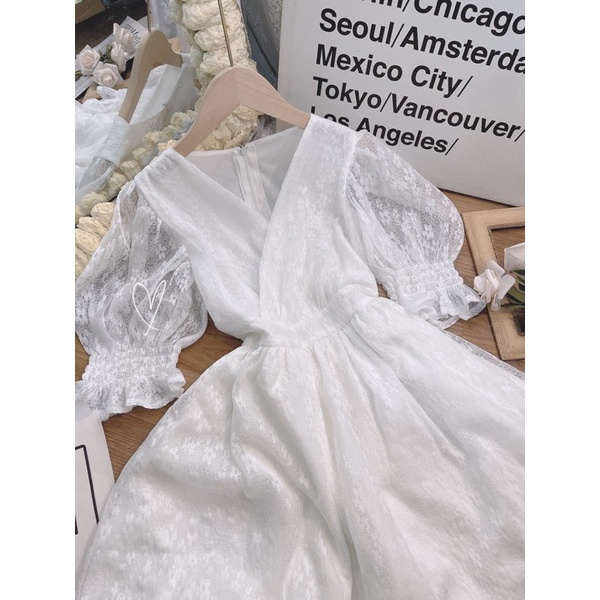 ĐẦM HOA NỔI TAY BO CHÉO NGỰC V