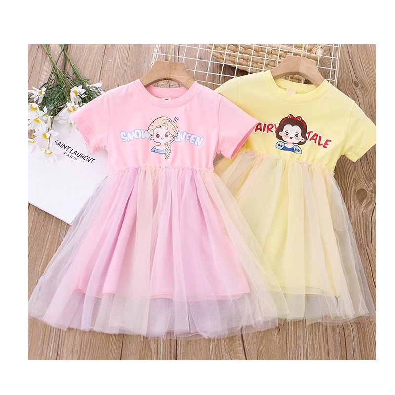 Đầm Cotton Ngắn Tay Cổ Tròn Phối Lưới Màu Cầu Vồng Thời Trang Mùa Hè Cho Trẻ Em