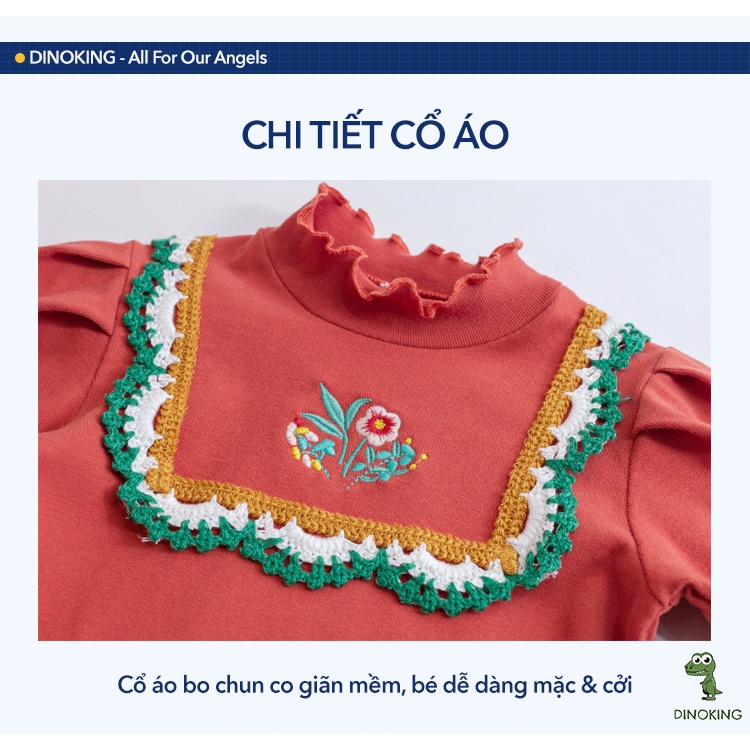 Áo thu đông bé gái thêu hoa DINOKING Áo dài tay phồng cho bé phong cách Hàn Quốc cổ 3p chất thun mềm mịn 2-8 tuổi AD14