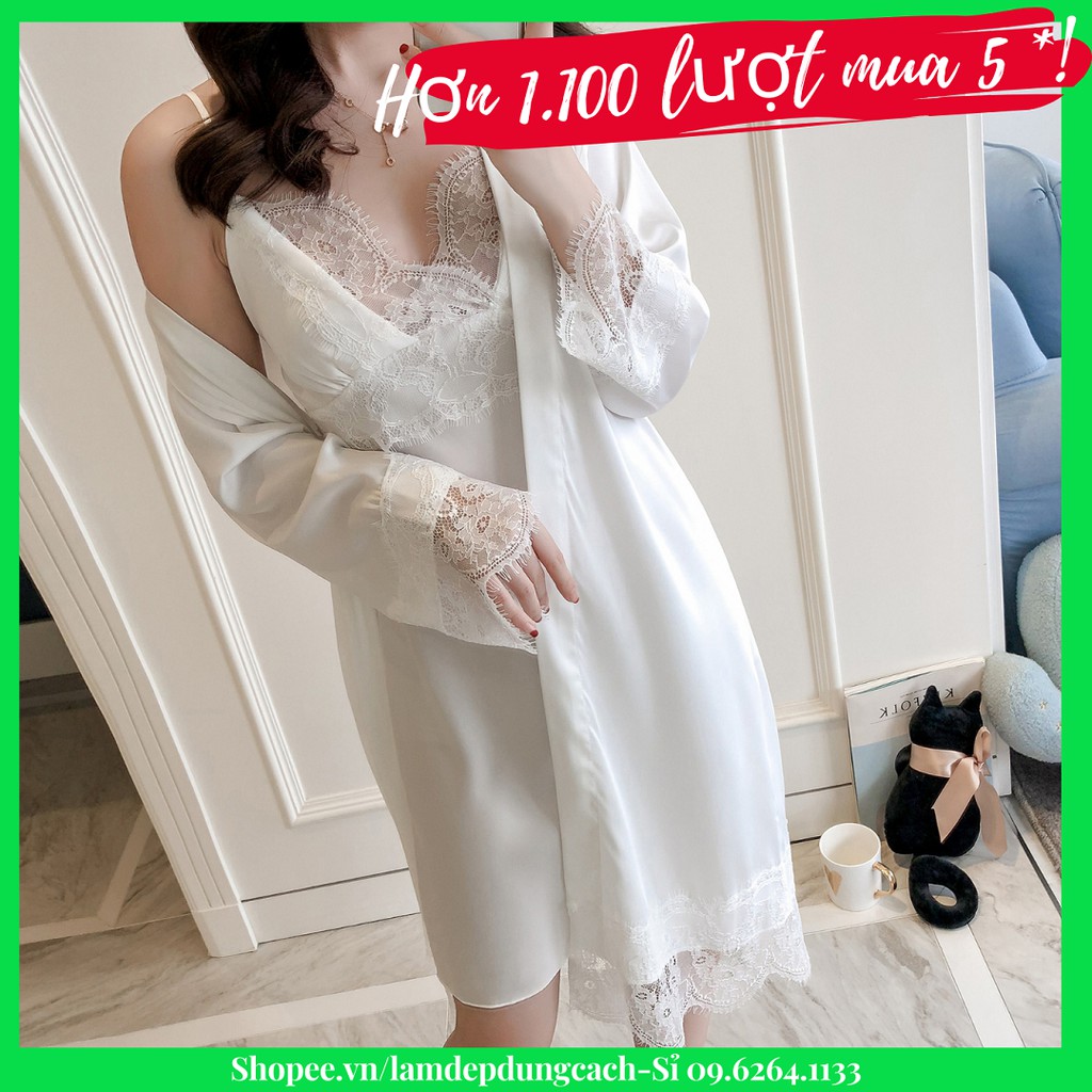 Sét Đầm Ngủ Lụa Satin Nữ Gồm Váy Ngủ 2 Dây Sexy Và Áo Choàng Gợi Cảm Phối Ren Dễ Thương MNT -Có Bán Lẻ Và Bán Nguyên sé]