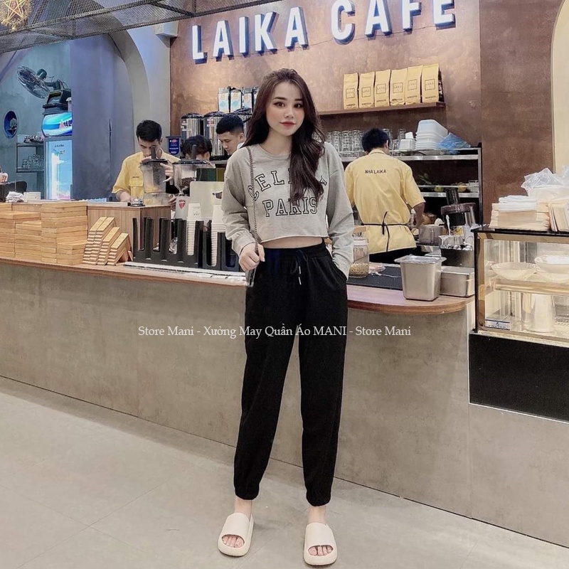 Áo croptop nữ tay dài form rộng vải nỉ kiểu hàn quốc basic màu đen trắng xám in hình chữ mặc đẹp