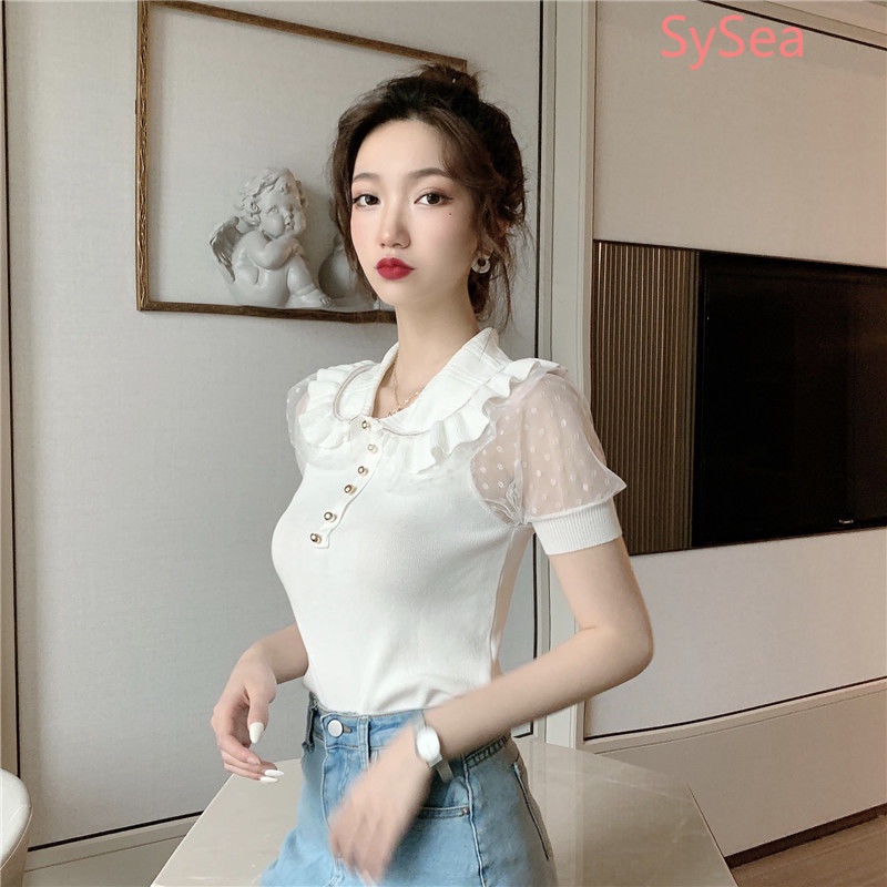 Áo Dệt Kim Cổ Búp Bê Phối Lưới Thời Trang Mùa Hè Cho Nữ