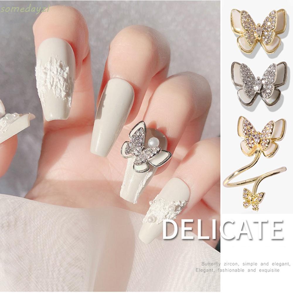 CHARMS (Hàng Mới Về) 1 Nhẫn Trang Trí Móng Tay 3D Hình Bướm Đính Đá Zircon