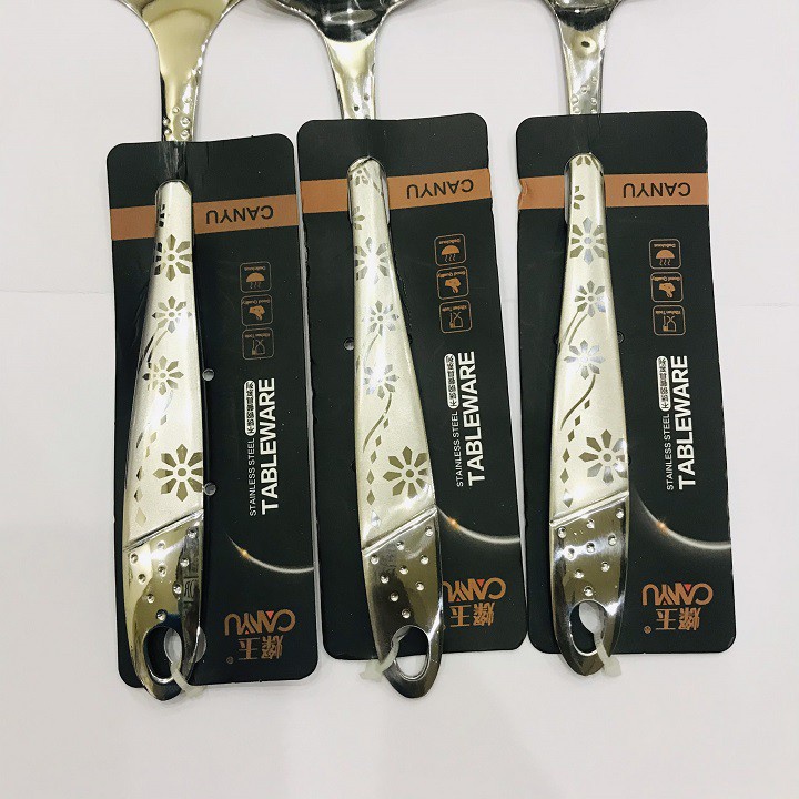 Bộ muôi múc canh, muôi thủng vớt lẩu, xẻng xào - Bộ vá đặc, vá thủng xẻng rãnh inox họa tiết in chìm trên cán
