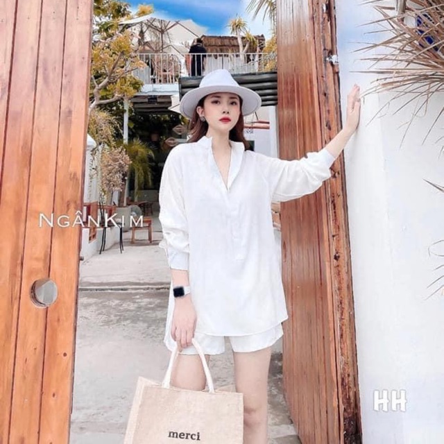 SÉT ÁO SƠ MI CỔ TÀU KÈM QUẦN SOOC 3MÀU TRẮNG,NÂU VÀ XANH CHO CÁC TY NHA