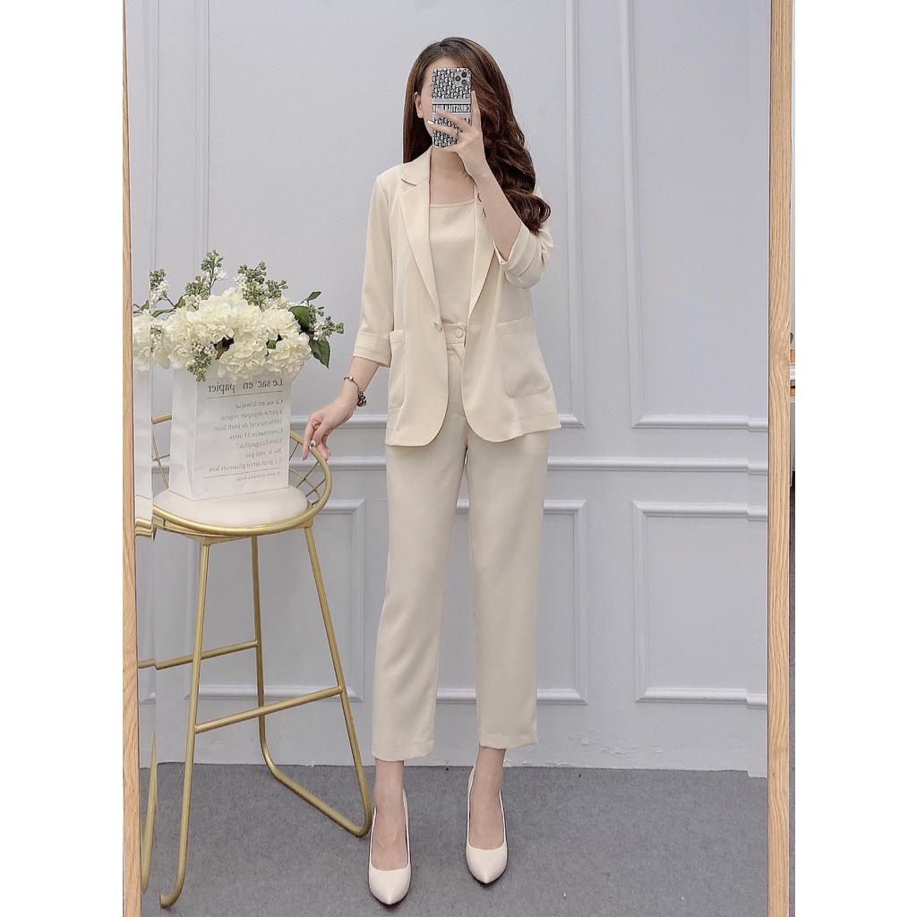 Áo vest-blazer dài tay cúc bọc túi vuông chất liệu trượt mặc mùa hè thu có đệm vai 095