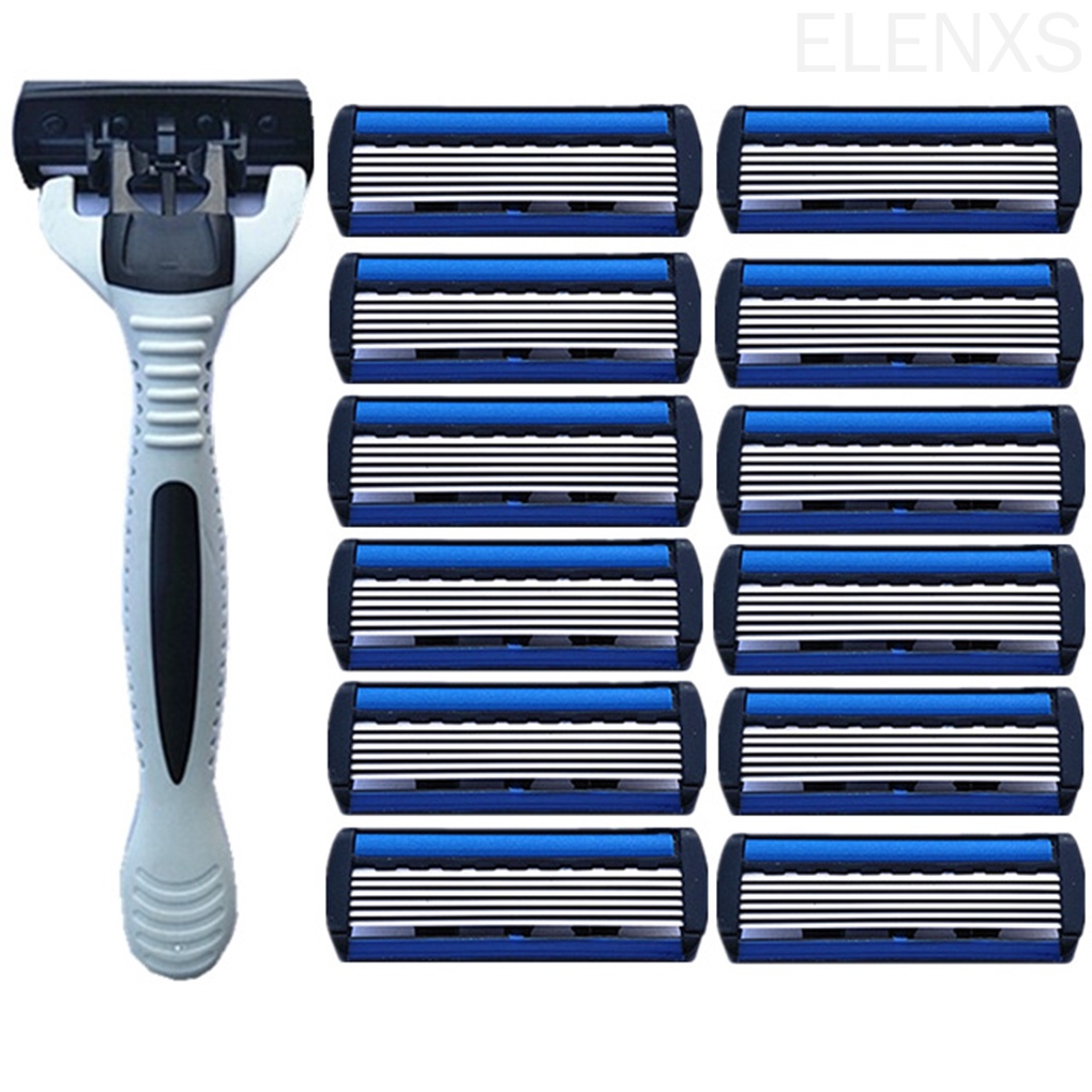 Set 12 lưỡi dao cạo râu 6 lớp bằng thép không gỉ kèm giá đỡ 1 lưỡi dao màu trắng chất lượng cao