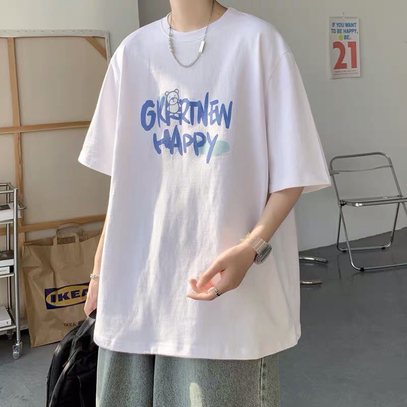 Áo thun nam nữ unisex tay lỡ phông form rộng HAPPY teen cổ tròn oversize cotton giá rẻ màu đen trắng tee pull freesize