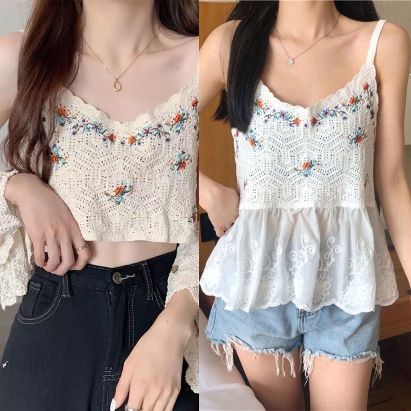 Yoi Áo Crop Top Hai Dây Dệt Kim Thêu Hoa Cổ Tròn Ngọt Ngào Mặc Hàng Ngày Đi Biển Cho Nữ