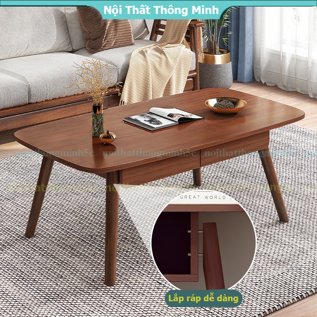 Bàn trà chân gỗ tự nhiên, bàn sofa cà phê màu gỗ óc chó có ngăn kéo lưu trữ đồ phong cách Nhật Bản