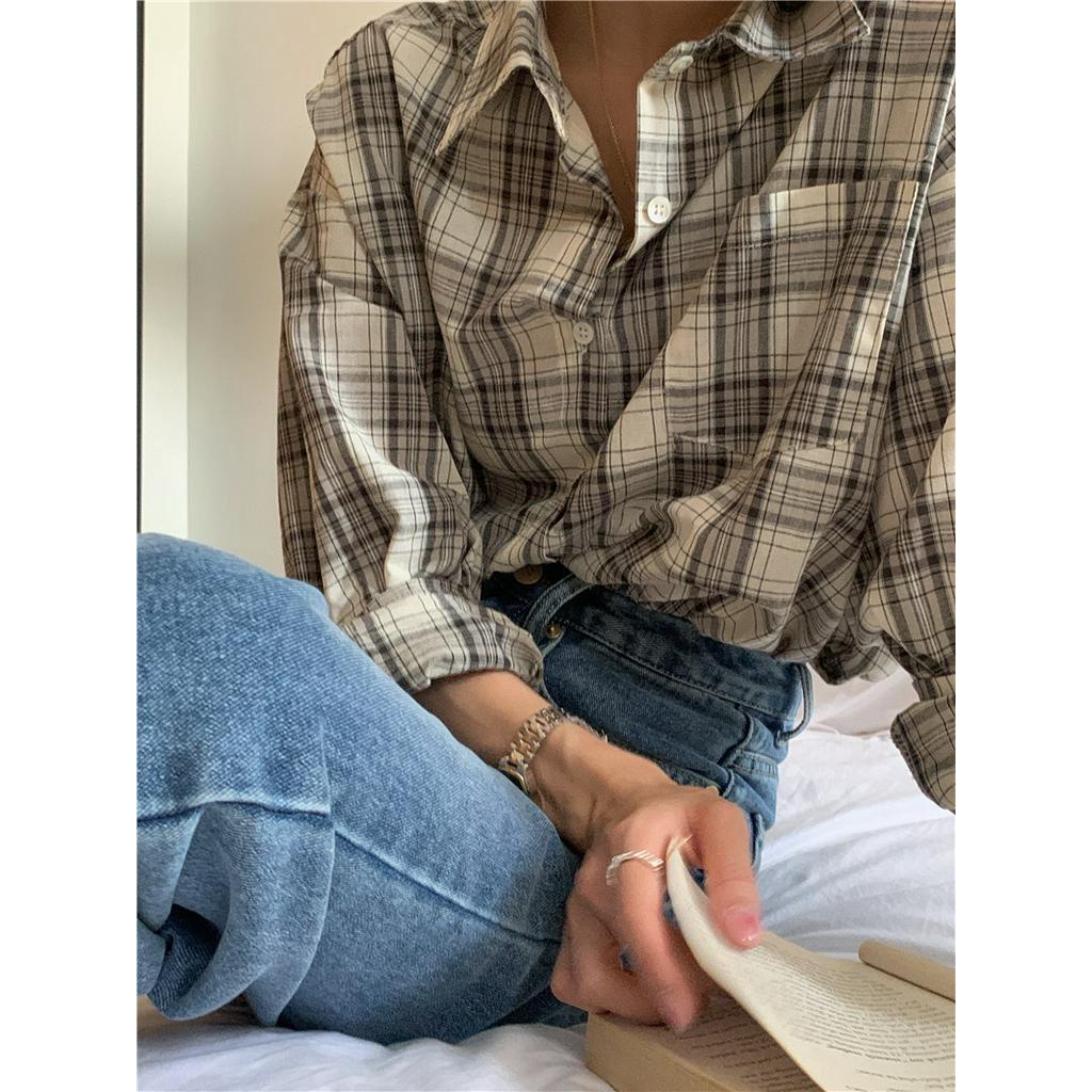 61211 Hàn Quốc Giản Dị polo Cổ Áo Sơ Mi Dài Tay Kẻ Sọc