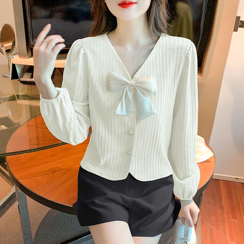Áo Sơ Mi Chiffon Tay Dài Cổ Chữ V Màu Trơn Thời Trang Hàn Quốc Dành Cho Nữ