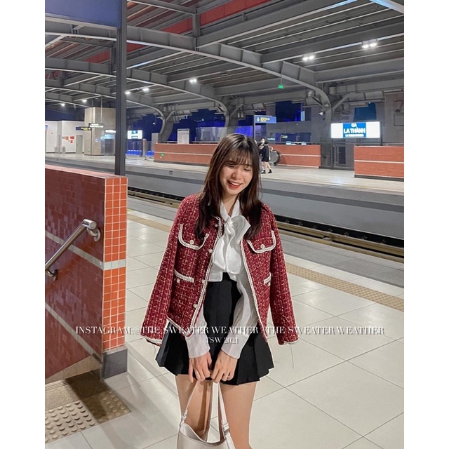 (Ảnh thật) Áo khoác dạ tweed đỏ đô viền trắng the.sweaterweather TSW