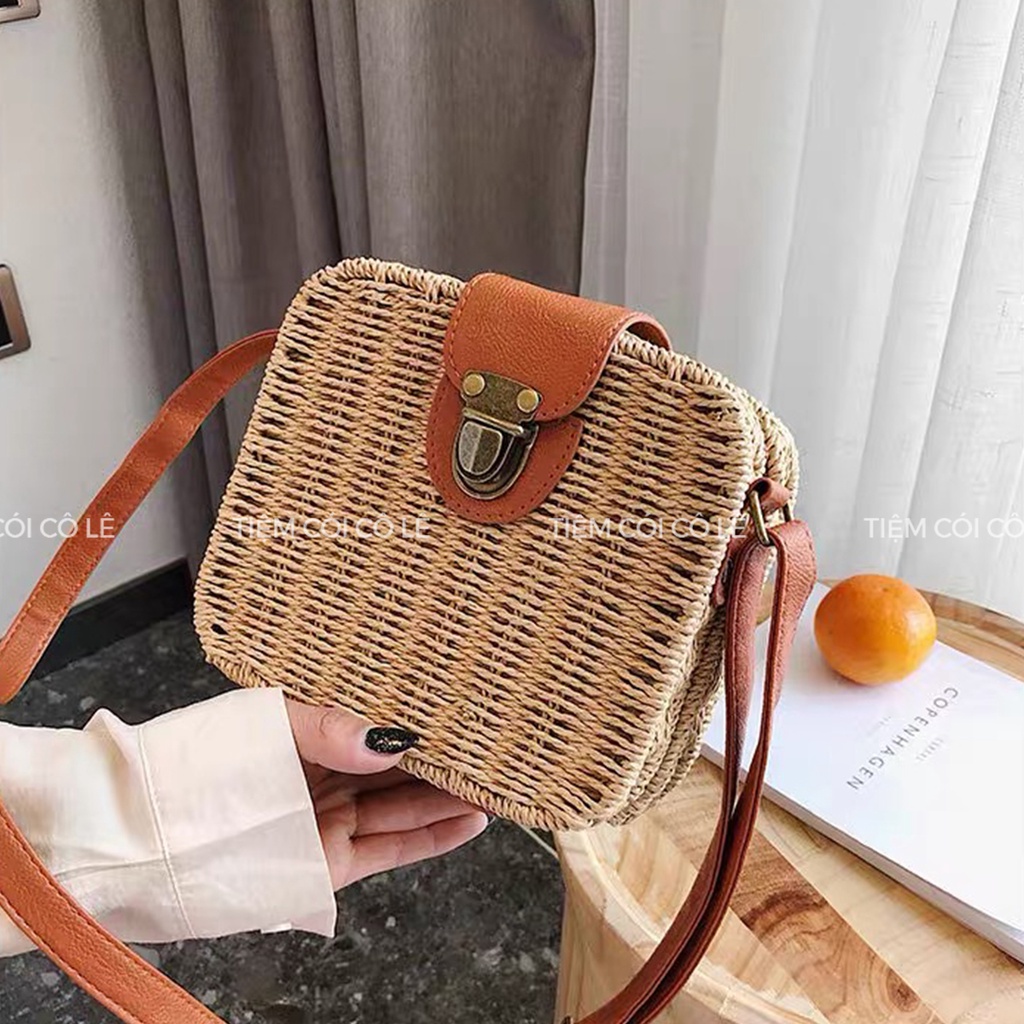 Túi cói vali đi biển quai đeo da có nút đóng kiểu dáng vintage - Tiệm Cói Cô Lê