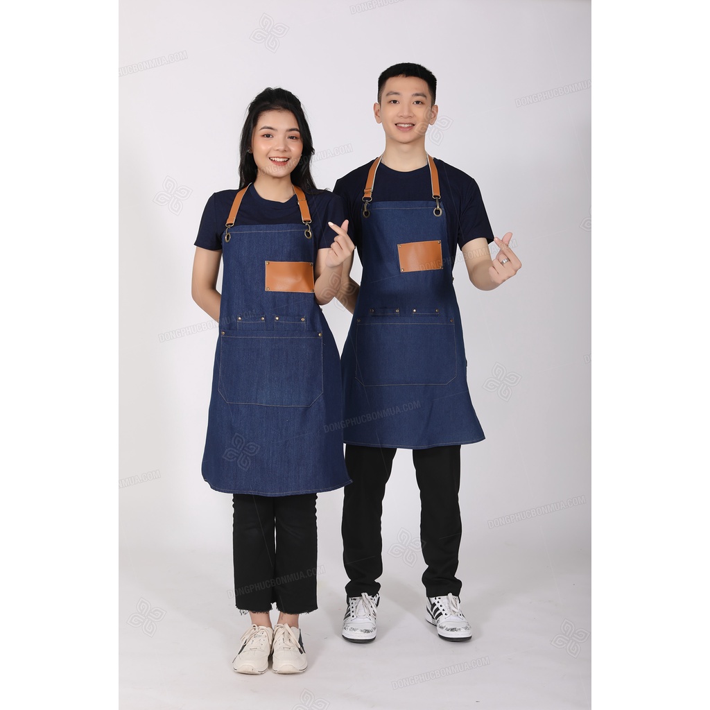 Tạp dề quán café cho nhân viên - Vải denim bền đẹp, phối da cao cấp nhiều túi tiện lợi, dây đeo dài tùy chỉnh kích thước