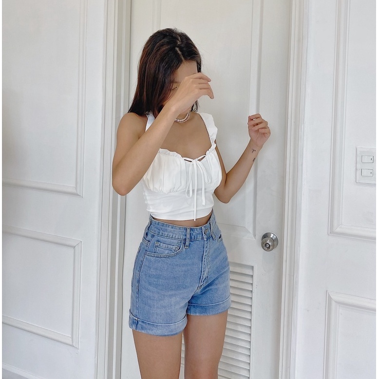 Quần shorts jeans HEYBEE lưng cao, dáng ôm (2 màu) CMJ1069