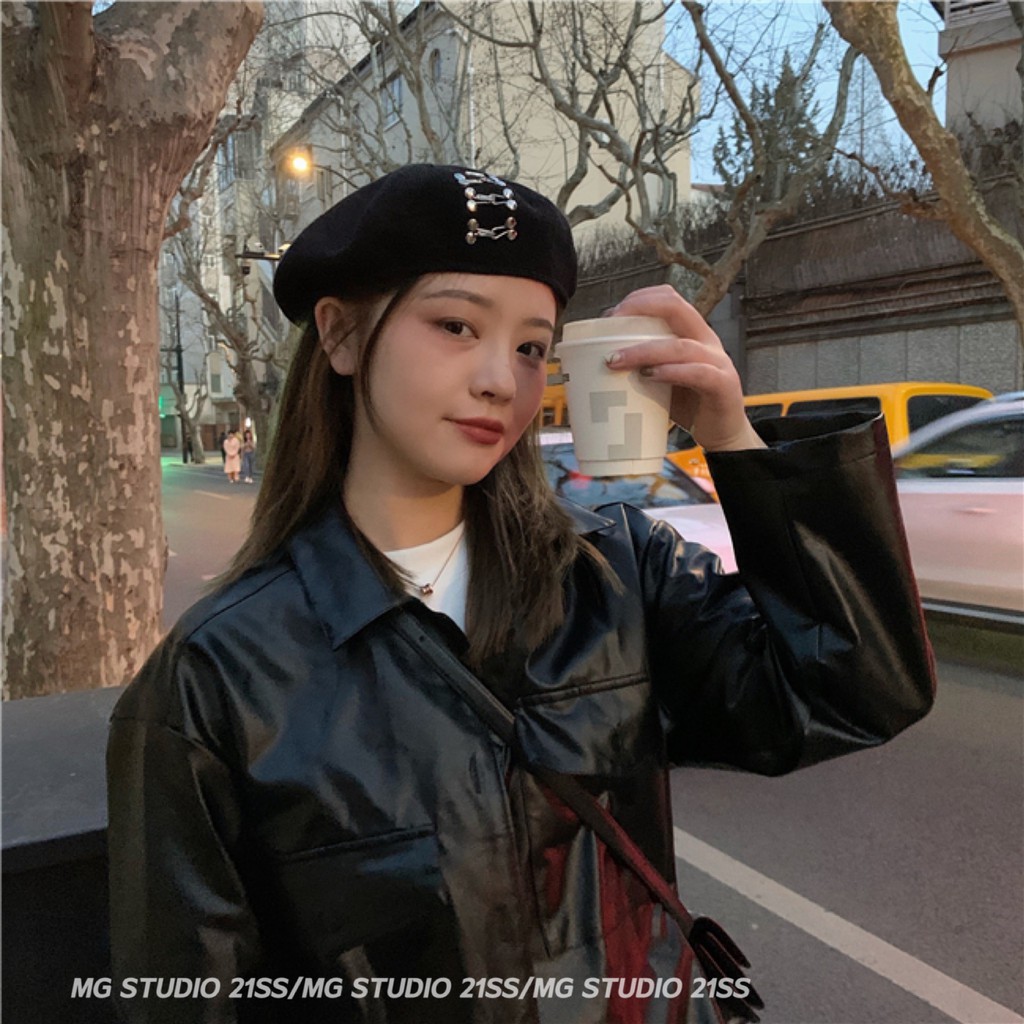 Mũ Beret MG STUDIO Chất Liệu Cotton Thiết Kế Khóa Cài Đinh Tán