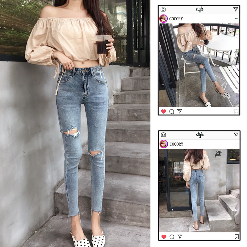 Quần Jeans Nữ Lưng Cao Rách Cá Tính